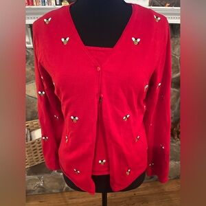Vintage Etoile Women 2 Piece set EmbroiderBees Tank/shell & Cardigan Sz S Cute!